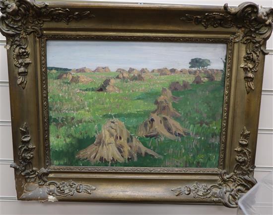 Glasgow School, oil on panel, hayricks in a summer landscape, 31 x 42cm